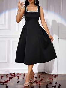 SHEIN Lady Đầm nữ cổ vuông thanh lịch không tay đính đá Rhinestone - màu đen - Xem 10