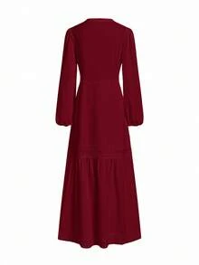 Gownix Women's Woven Jacquard Texture V-Neck Ruffle Hem Lace Trim Summer Dress - Burgundy - View 5