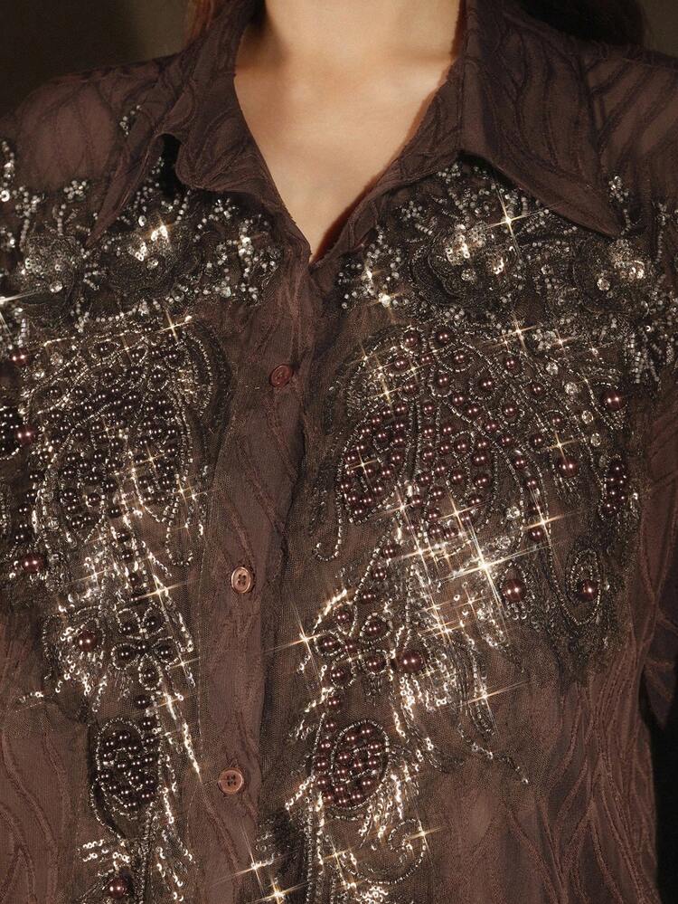 Blusa de manga larga, textura transparente y bordada, estilo vintage francés para mujer talla grande