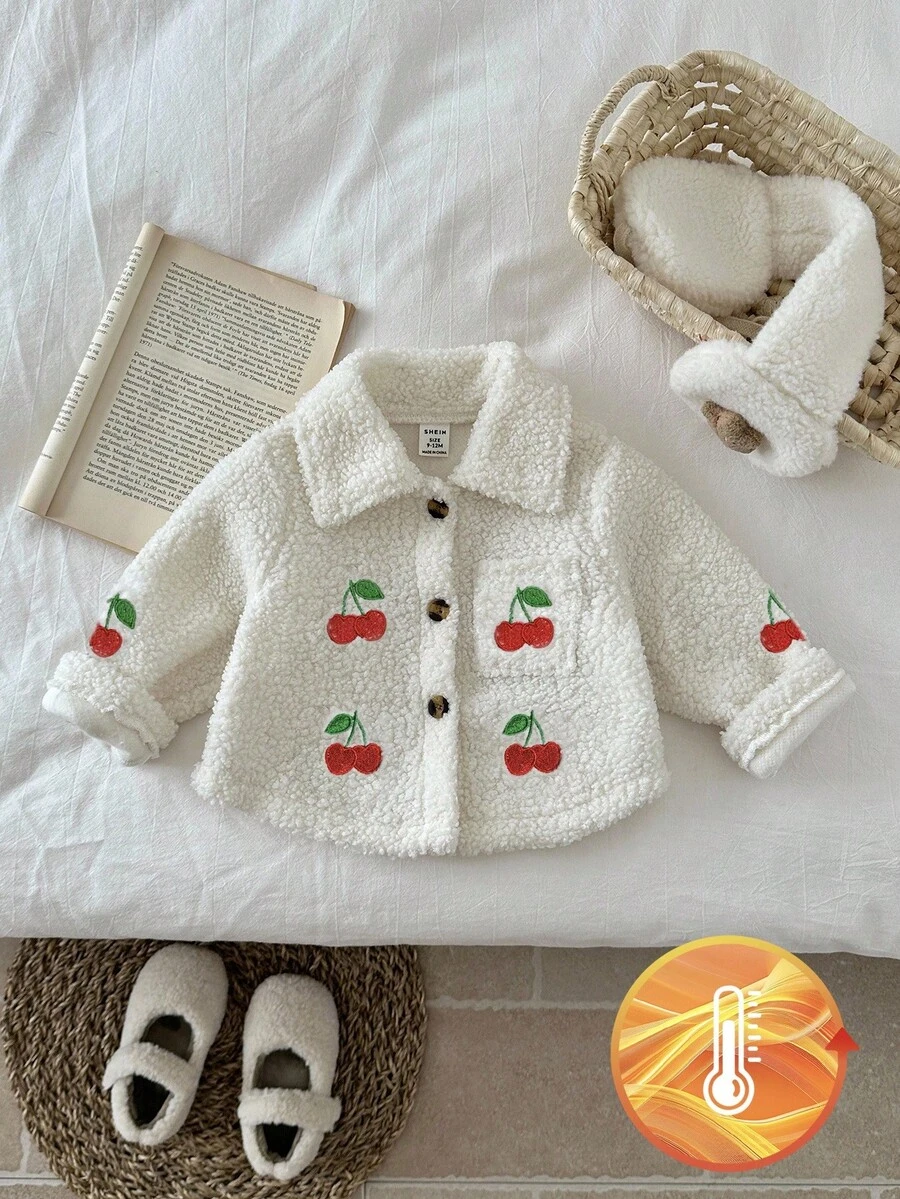 SHEIN 女婴厚羊毛刺绣花领长袖夹克,秋冬 - 白色 - 查看 1