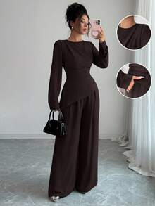 SHEIN Raffinéa 2 件女士纯色卷边不对称下摆长袖套装女士棕色两件套裤子套装长袖两件套女士棕色两件套女士 - 棕色 - 查看 8