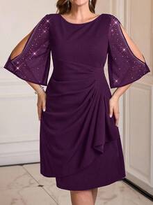 Gownix Plus Size Women's Rhinestone Embellished Split Sleeve Party Dress - Purple - View 5