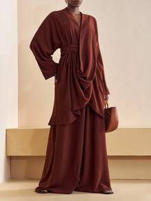 Zivah 2025 年秋季新款音乐节、复活节、圣帕特里克节、西部风、游牧风、生日派对、毕业典礼、学院风、学生装、日常休闲、百搭百搭、休闲、邮轮旅行、海滩、日光浴、病毒式传播、街头服饰、婚礼宾客波西米亚风、通勤、早午餐、机场、派对和节日服装 2 件套：交叉裹身 3/4 袖上衣和亚麻棕色阔腿裤 - 棕色 - 查看 6