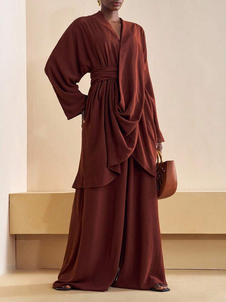 Zivah 2025 年秋季新款音乐节、复活节、圣帕特里克节、西部风、游牧风、生日派对、毕业典礼、学院风、学生装、日常休闲、百搭百搭、休闲、邮轮旅行、海滩、日光浴、病毒式传播、街头服饰、婚礼宾客波西米亚风、通勤、早午餐、机场、派对和节日服装 2 件套：交叉裹身 3/4 袖上衣和亚麻棕色阔腿裤 - 棕色 - 查看 6