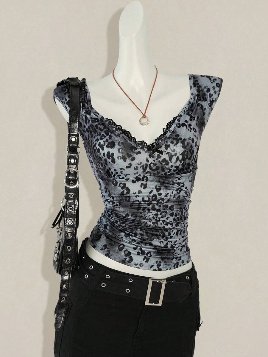 SHEIN ICON Áo thun bó sát họa tiết da báo và ren tương phản Y2K dành cho nữ - Xám - Xem 1