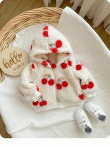 Newborn Baby Girl Cute Versatile Fuzzy Cherry Pattern Hooded Jacket, Autumn/Winter Fall