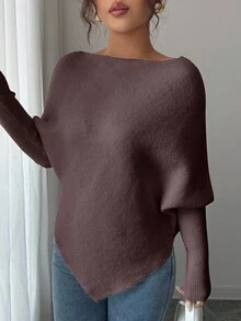 Selianne 女式不对称蝙蝠袖圆领休闲优雅针织毛衣上衣，适合春秋冬季度假和节日穿着 - 咖啡棕 - 查看 4