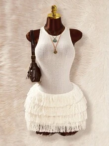 Y2K Amplova White 1pc Women's Solid Color Bodycon Tassel Hem Sleeveless Mini Dress White Fringe Dress Layered Fringe Dress - White - View 3