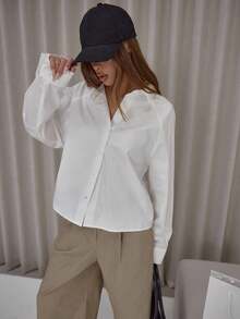 MUSERA 宽松棉质府绸束口下摆灯笼袖衬衫，优雅可爱性感街头风，适合夜间外出派对、春夏假日穿着。 - 白色 - 查看 5