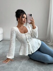 Selianne Elegant French Style Beige Embossed Jacquard Blouse With Romantic Puff Sleeves, Fitted Waist And A-Line Hem, Fashionable And Charming Design For Back To School Season, Spring/Autumn - Apricot - View 2