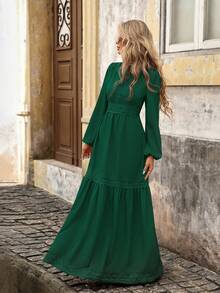 Brillora Váy Maxi Tay Dài Ôm Eo Màu Trơn Phong Cách Đường Phố Cho Nữ - Màu xanh lá cây đậm - Xem 4