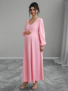 Momance 休闲孕妇长袖纯色长裙 - 西瓜粉 - 查看 5