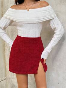SHEIN Unity Women's Thick Woolen A-Line Skirt, Red, Autumn/Winter - Burgundy - View 4