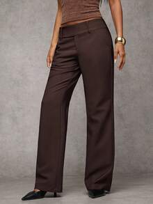 SHEIN BAE 女士时尚休闲复古口袋喇叭裤 - 咖啡棕 - 查看 6