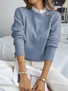 SHEIN PariChic 全新花卉装饰圆领宽松休闲女式毛衣 - 藍色 - 查看 5