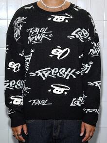ROMWE MEN Paul Frank X ROMWE Men Cartoon Pattern Crew Neck Long Sleeve Sweater , Fall Winter - Black - View 2