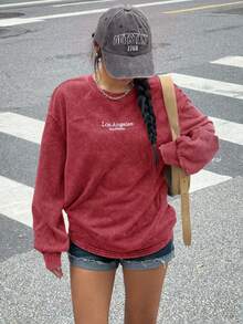 Muchica 女士复古刺绣圆领针织T恤 - 酒紅色 - 查看 3