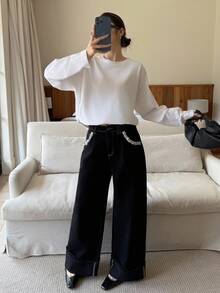 K-Vae Women's Autumn And Winter Black Fleece Warm Jeans, Ribbon Decorative Pockets, College Style, Korean Style,Halloween Costumes,Chic Autumn - Black - View 2