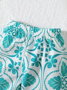 女婴不对称领口荷叶边上衣和植物印花裤套装 - 青碧色 - 查看 5