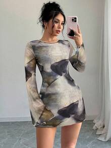 Firerie Women's & Elegant Light Grey,Autumn,Seductive,Night Out Club Mesh Tie-Dye Watercolor Print Backless Tie Flare Sleeve Mini Dress For Fall Party - Multicolor - View 5