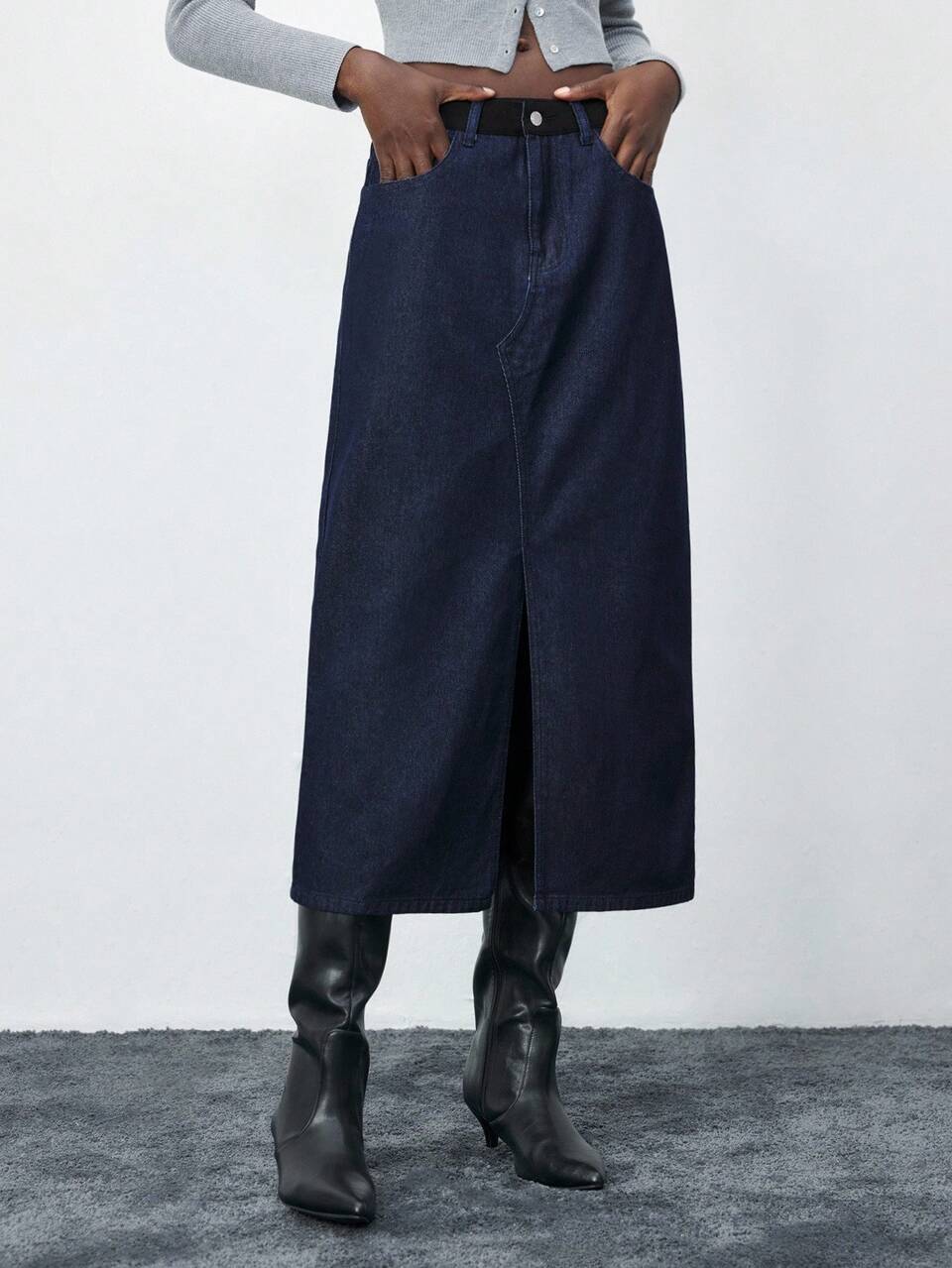 SHEIN Maija Women's Dark Blue Denim Skirt Low Waist Slit Mid-Length Skirt Old Money Style Autumn Workplace Suits Elegant Contrasting Color Design