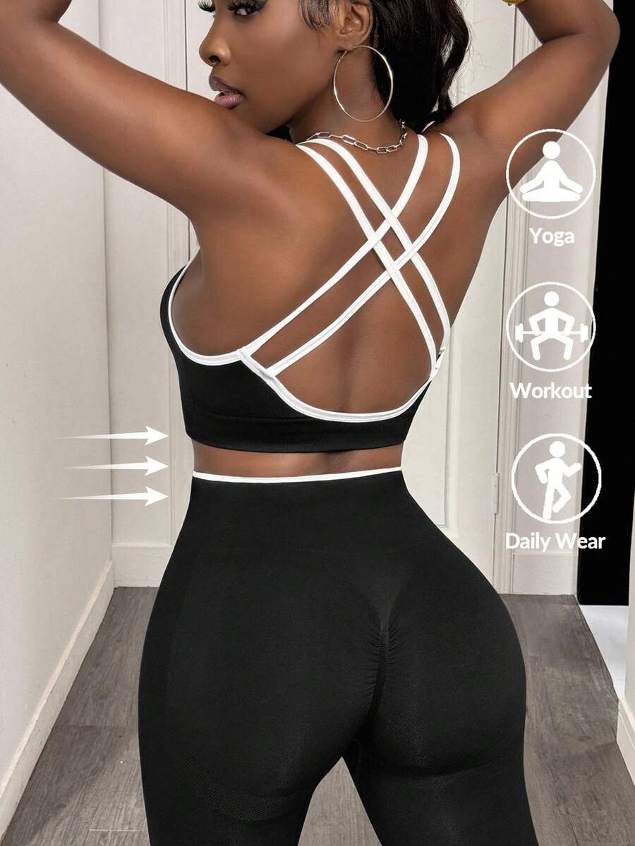 Slaydiva Seamless High Elastic Criss-Cross Back Wireless Sports Bra - Black - View 1