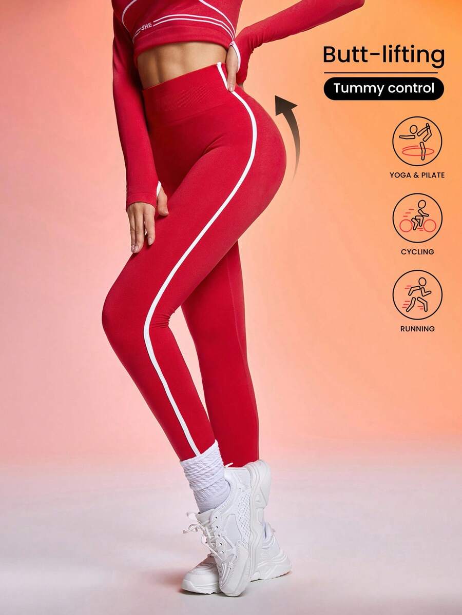 Core Rhythm Women's Seamless Solid Color High Waist Tummy Control Contrast Color Trim Leggings Yoga Pants