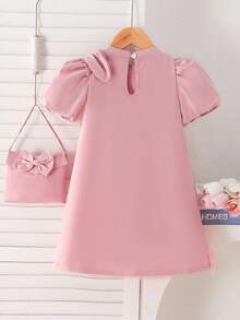 Elladie kids 年轻女孩优雅连衣裙配蝴蝶装饰手提包，泡泡袖大蝴蝶亮片花卉网眼拼接设计连衣裙 - 粉色 - 查看 2