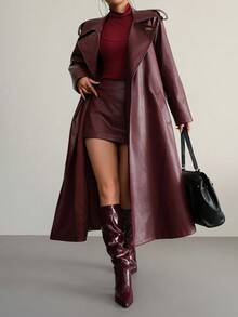 Aidyla Women's Leather Long Sleeve Cinched Waist Waist Burgundy Trench Coat - Burgundy - View 6