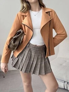 Teen Girls' Casual Suede Lapel Collar Zip-Up Moto Jacket, Autumn Fall Winter - Brown - View 3