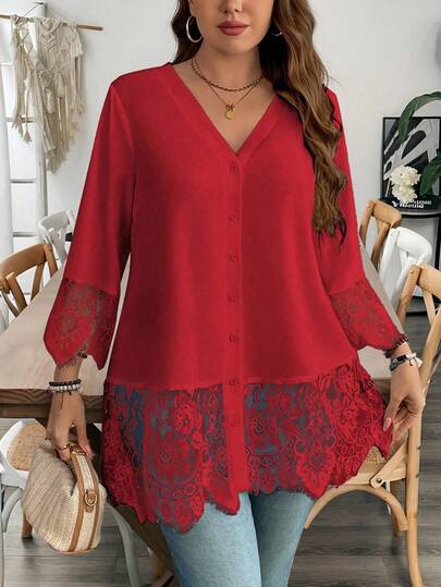 SHEIN Clasi Plus Size Women V-Neck Solid Color Lace Patchwork Casual Blouse