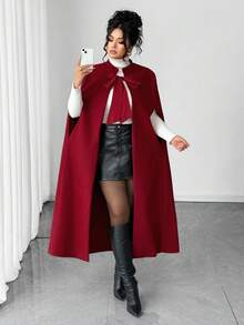 Elenzga Plus Size Women Elegant Woven Sleeveless Cloak With Large Red Bowknot Shoulder Strap, Mid-Length Woolen