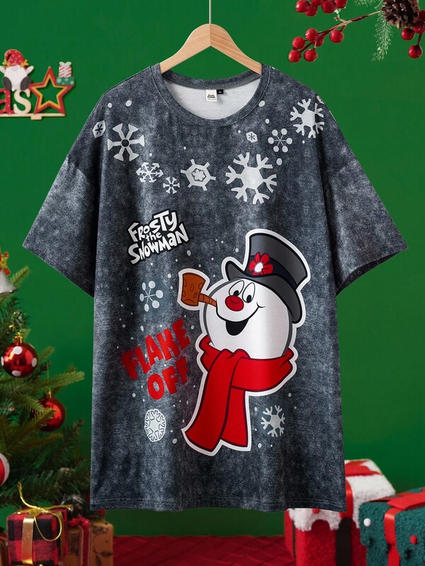Frosty the Snowman X SHEIN Plus Size Christmas Cartoon Snowman & Letter Print Round Neck Short Sleeve T-Shirt