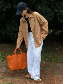 DAZY Locker geschnittenes Hemd mit besticktem Muster, Kentkragen, Langarm, Lässig Vintage Stil für Damen, Herbst/Winter - Braun - Übersicht 3