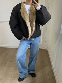 Livesso Women's Fur Collar Patchwork Long Sleeve Open Front Loose Winter Jacket Vest - Black - View 4