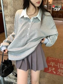 DAZY 女式二合一韩版波点印花长袖上衣，秋冬 - 灰色 - 查看 4