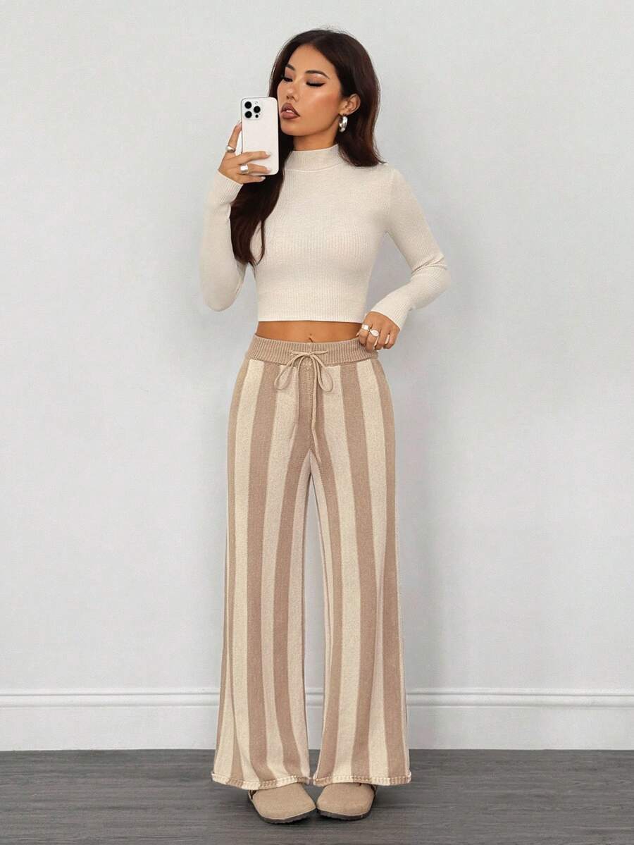SHEIN PETITE Women Drawstring Waist Striped Knit Sweater Pants , Fall Winter - Multicolor - View 1