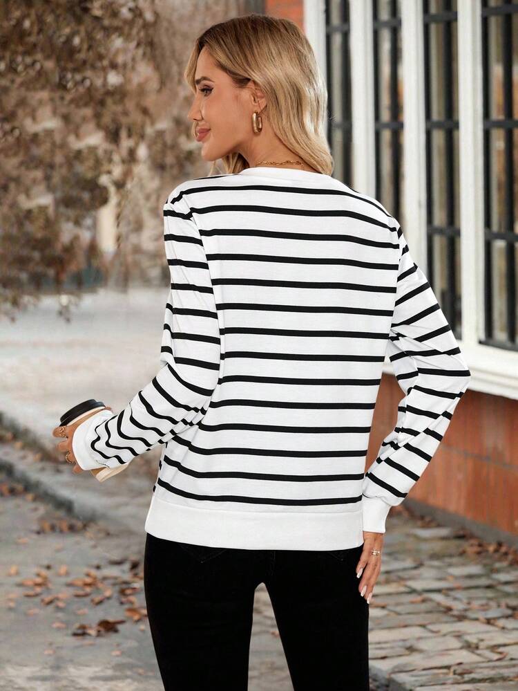 Women's Casual Striped Half Zip Placket Long Sleeve Sweatshirt, Autumn Fall For Women Casual Going Out Top