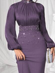 Coutiva Vestido de noche de lujo, vestido formal elegante con cuello alto, manga larga y adornos de strass - Morado - Ver 1