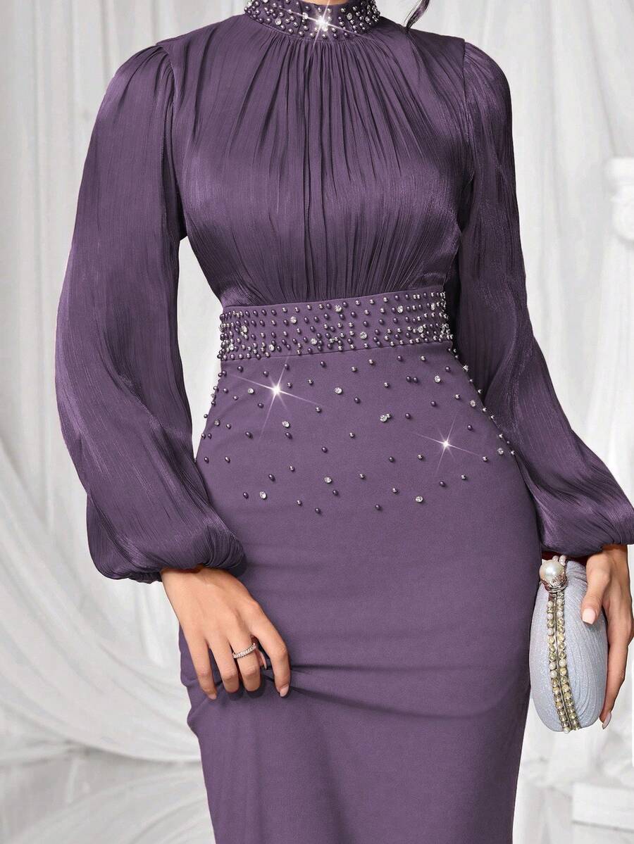 Coutiva Vestido de noche de lujo, vestido formal elegante con cuello alto, manga larga y adornos de strass - Morado - Ver 1
