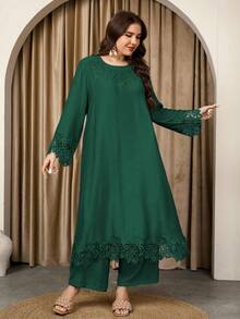 Graceveil 女士圆领长袖长上衣和直筒裤蕾丝拼接宽松休闲高端舒适大码套装 - 綠色 - 查看 4