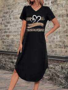 EMERY ROSE 休閒簡約女士V領豹紋心形短袖寬鬆長裙，夏季 - 黑色 - 查看 5