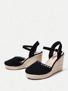 Styleloop Women's Wedge & Platform Slip-On Sandals, Embroidered Pattern, Summer Bohemian Holiday Sandals, Woven Rope Roman Beach Sandals With Criss-Cross Straps, Suitable For Holiday Season, Spring/Summer, Boho Style, Vacation Outfit, Vacation Outfits Travel Essentials - Black - View 3