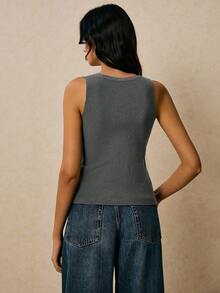 Poéselle 女式纯色圆领无袖前扣修身针织背心 - 灰色 - 查看 3