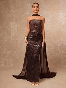 Lumalex 1 pièce Robe moulante  froncée à la taille avec ceinture et perles