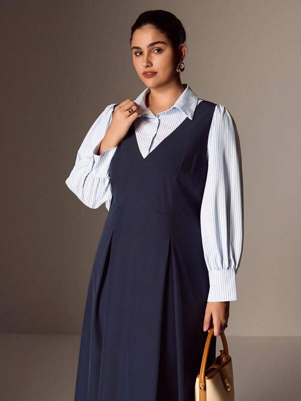Juhart Plus Size Women Striped Shirt Collar Pleated Design Casual Dress