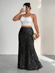 Firerie 大码女式花卉提花松紧腰鱼尾下摆优雅半身裙 - 黑色 - 查看 7