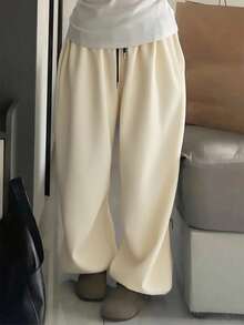 INAWLY 女式杏色松紧腰口袋宽松休闲慢跑裤 - 杏色 - 查看 5