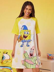 SpongeBob SquarePants | SHEIN 女士可爱卡通印花撞色插肩袖宽松睡衣连衣裙，夏季，哞哞睡裙 - 黃色 - 查看 6