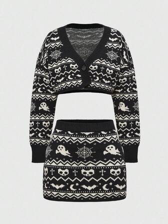 Goth Vintage Dark Gothic Skull & Ghost Jacquard Knit 2 Pieces Set: Short Cardigan + Mini Skirt, Halloween